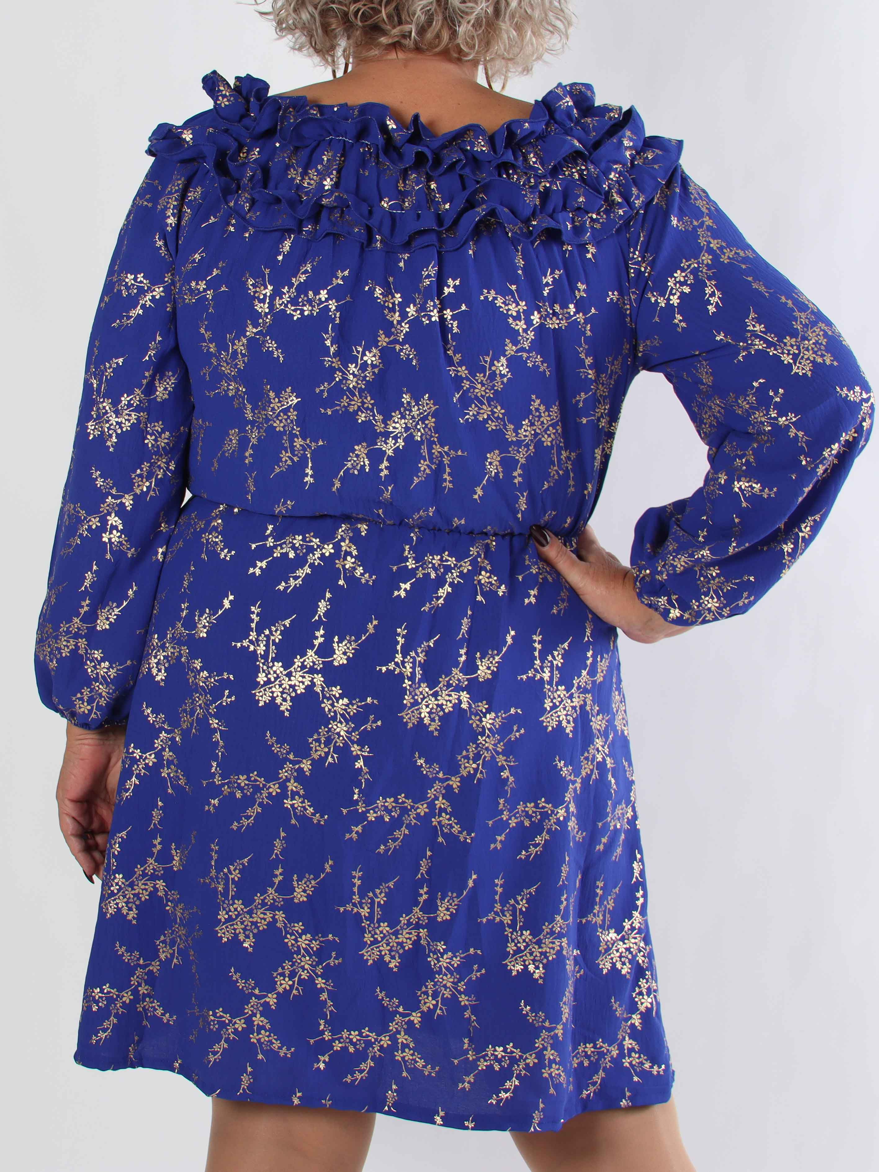 Chili Gold Fitted Dress - Plus size kjole i guld print med flæsekant og elastik i taljen